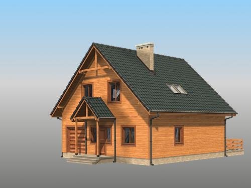 Projekt domu Kopciuszek (drewniany) - widok z przodu i z boku