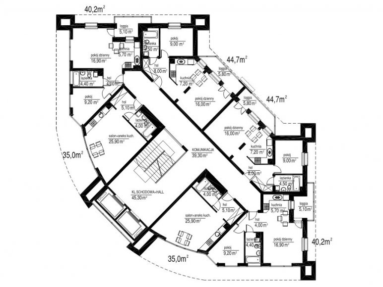 KONDYGNACJE VII,VIII,IX,X,XI,XII - przykładowe rozmieszczenie mieszkań