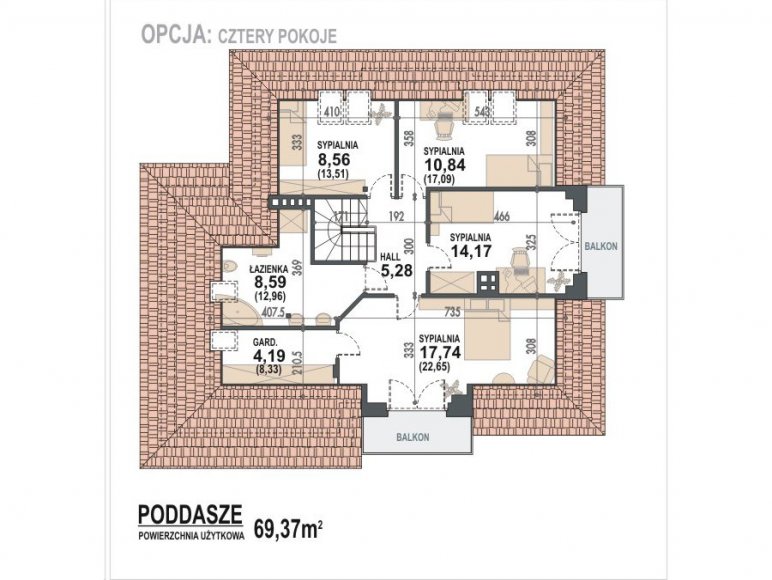 rzut poddasza - opcja: 4 sypialnie