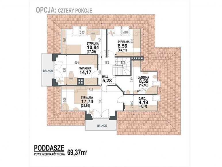 rzut poddasza - opcja: 4 sypialnie