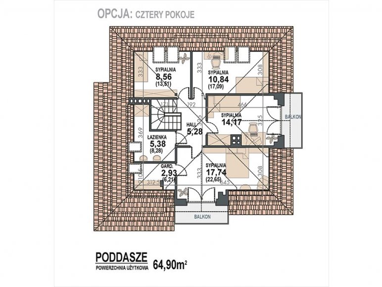 rzut poddasza - opcja 4 sypialnie