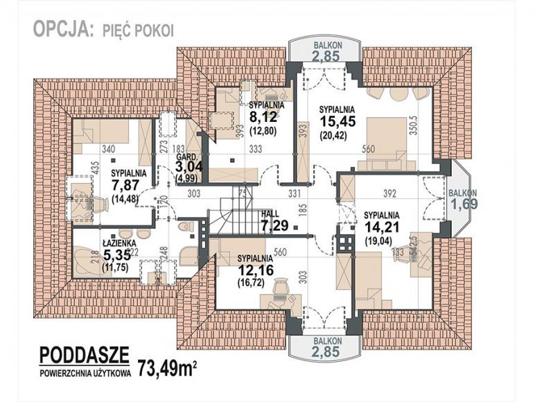 rzut poddasza - opcja 5 sypialni