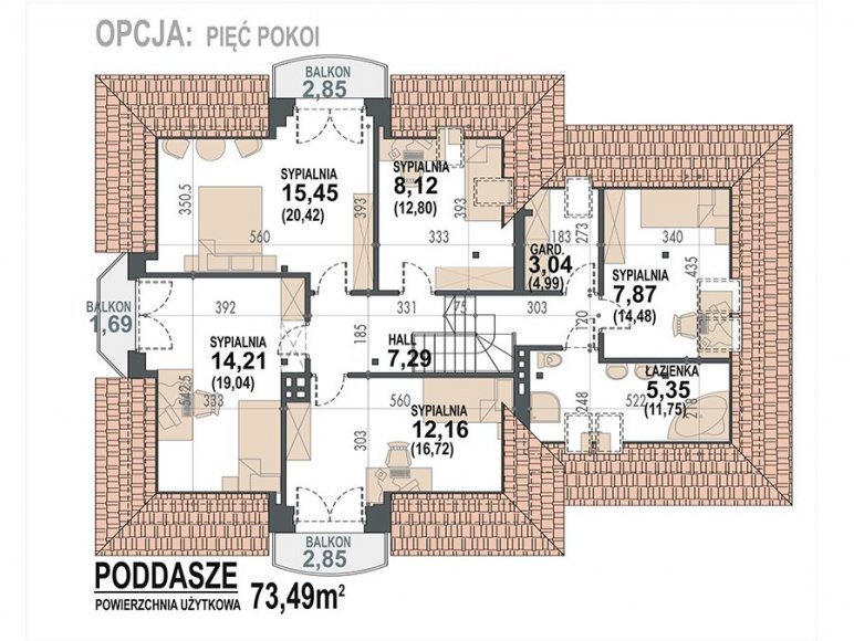 rzut poddasza - opcja 5 sypialni